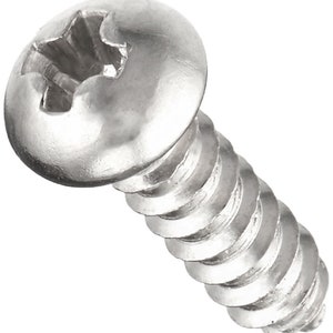 May include: A silver-toned screw with a round head and a Phillips head slot. The screw has a threaded shaft.