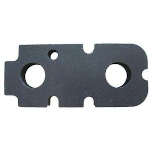 May include: Black rubber gasket with two large circular cutouts and several smaller cutouts. The gasket is designed to fit around a pipe or other cylindrical object.