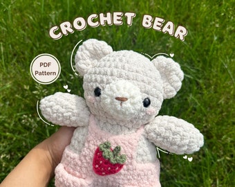 Crochet Bear Pattern | Cute Strawberry Bear | Overalls & Pockets | Plushie Pattern | Amigurumi Bear | Crochet Animal PDF Pattern