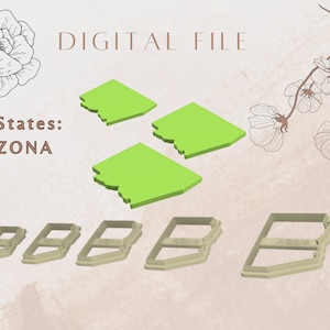 May include: Digital file showing green outlines of Arizona and beige cookie cutter designs. Text reads "US States: ARIZONA" and "DIGITAL FILE". Floral illustrations are in the background.