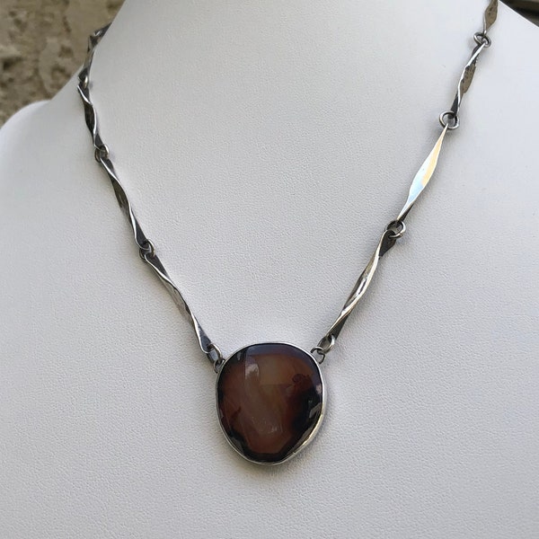 Rare Vintage One of a Kind 925 Sterling Silver Beautiful Sterling Silver Agate Modernist Abstract Pendant Necklace