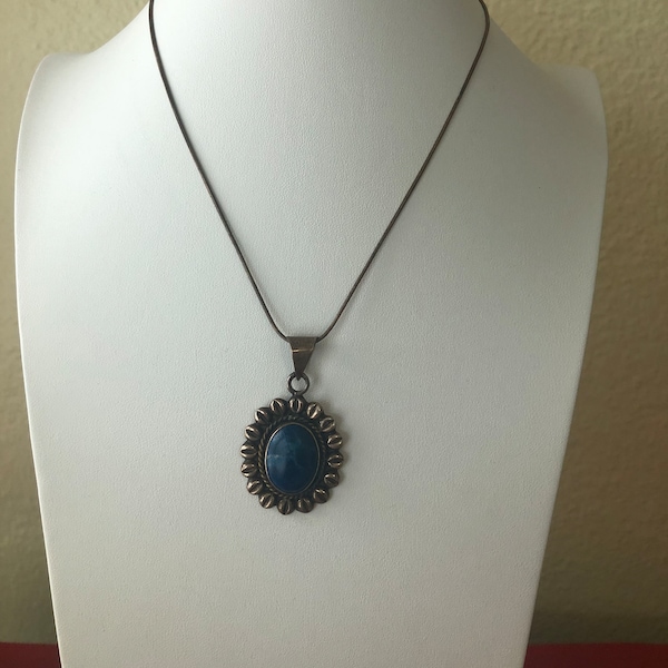 Fabulous and Elegant Vintage Oval Marked Mexico 925 Sterling Silver with Art Nouveau Turquoise Pendant Necklace.