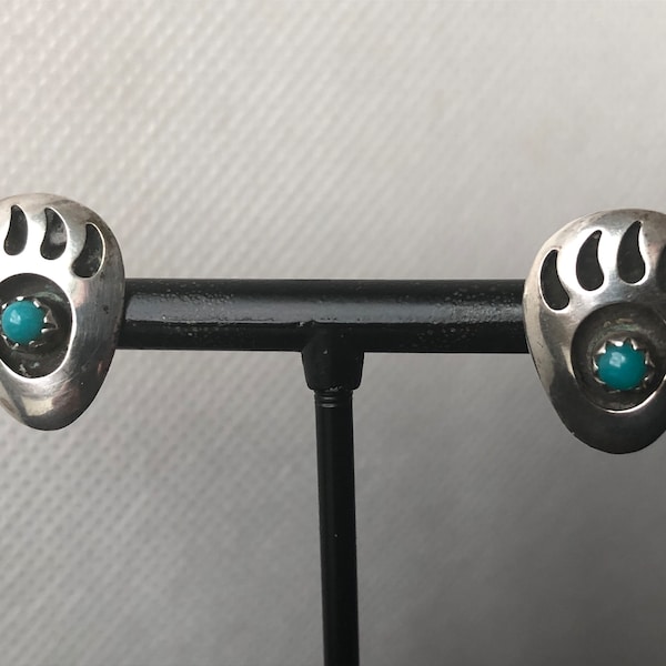 Honor the Spirit: Vintage Navajo Bear Paw Petite Post Earrings in 925 Sterling Silver with Turquoise , Tribal,  Old Pawn Shadowbox Design