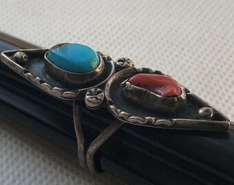 Miriam Chuyate Turquoise and Red Coral‎ Teardrop tribal Ring size 6 display picture 1