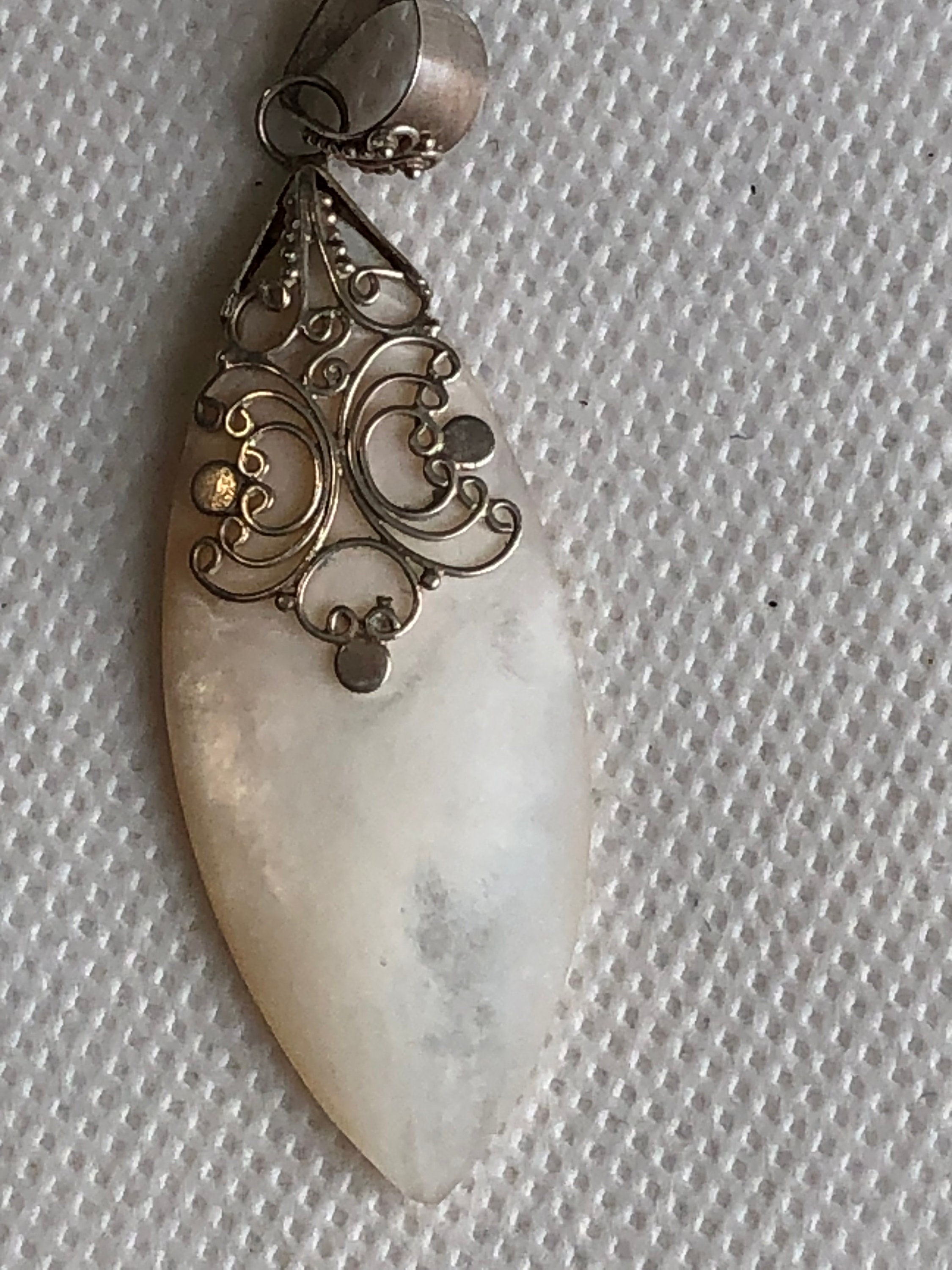 Vintage Modernist Victorian Revival White MOP Shell Long  Vintage • 60s Modernist silver and MOP pendant main image 1