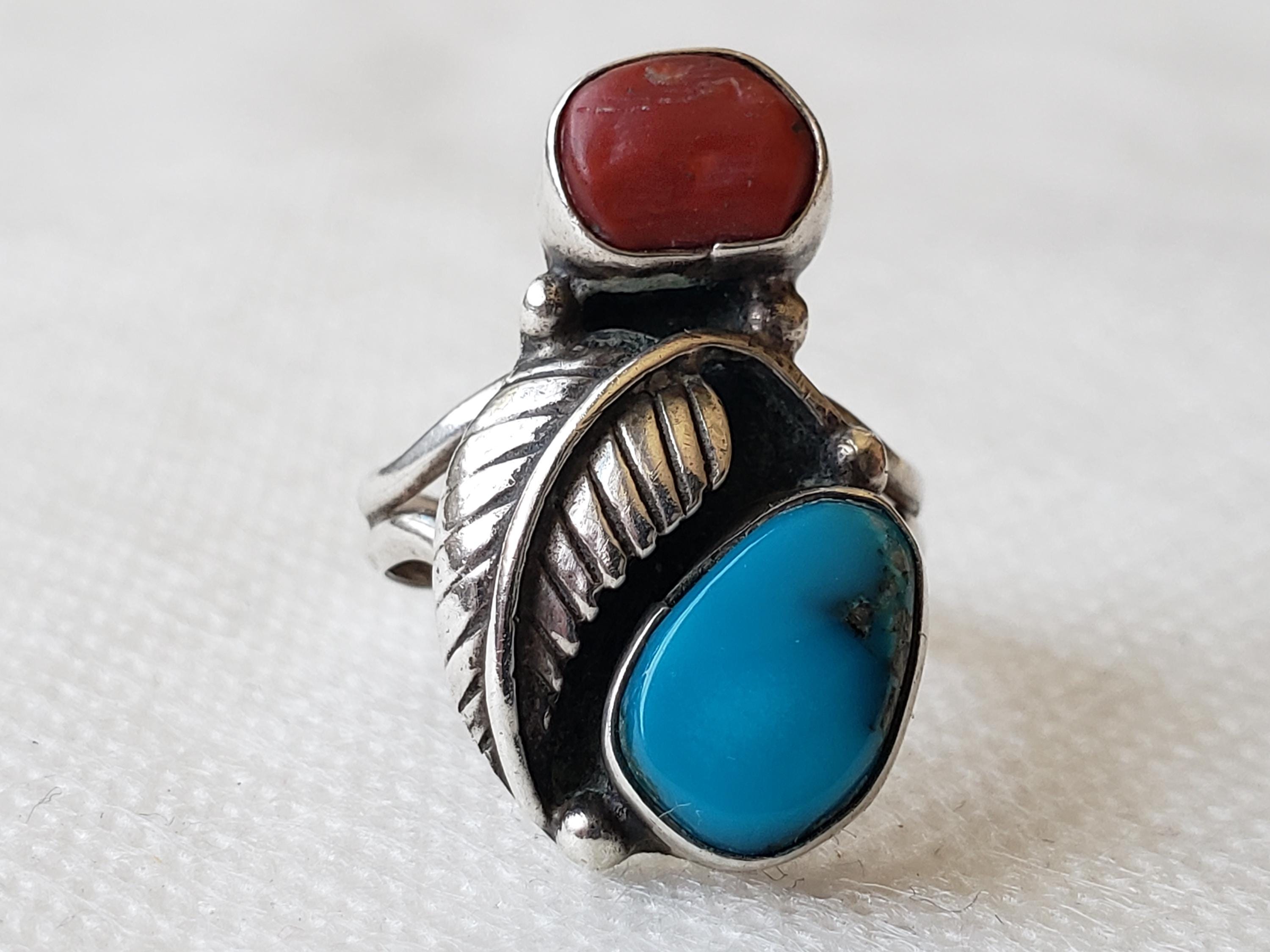 Miriam Chuyate Turquoise and Red Coral‎ Teardrop tribal Ring size 6 display picture 1