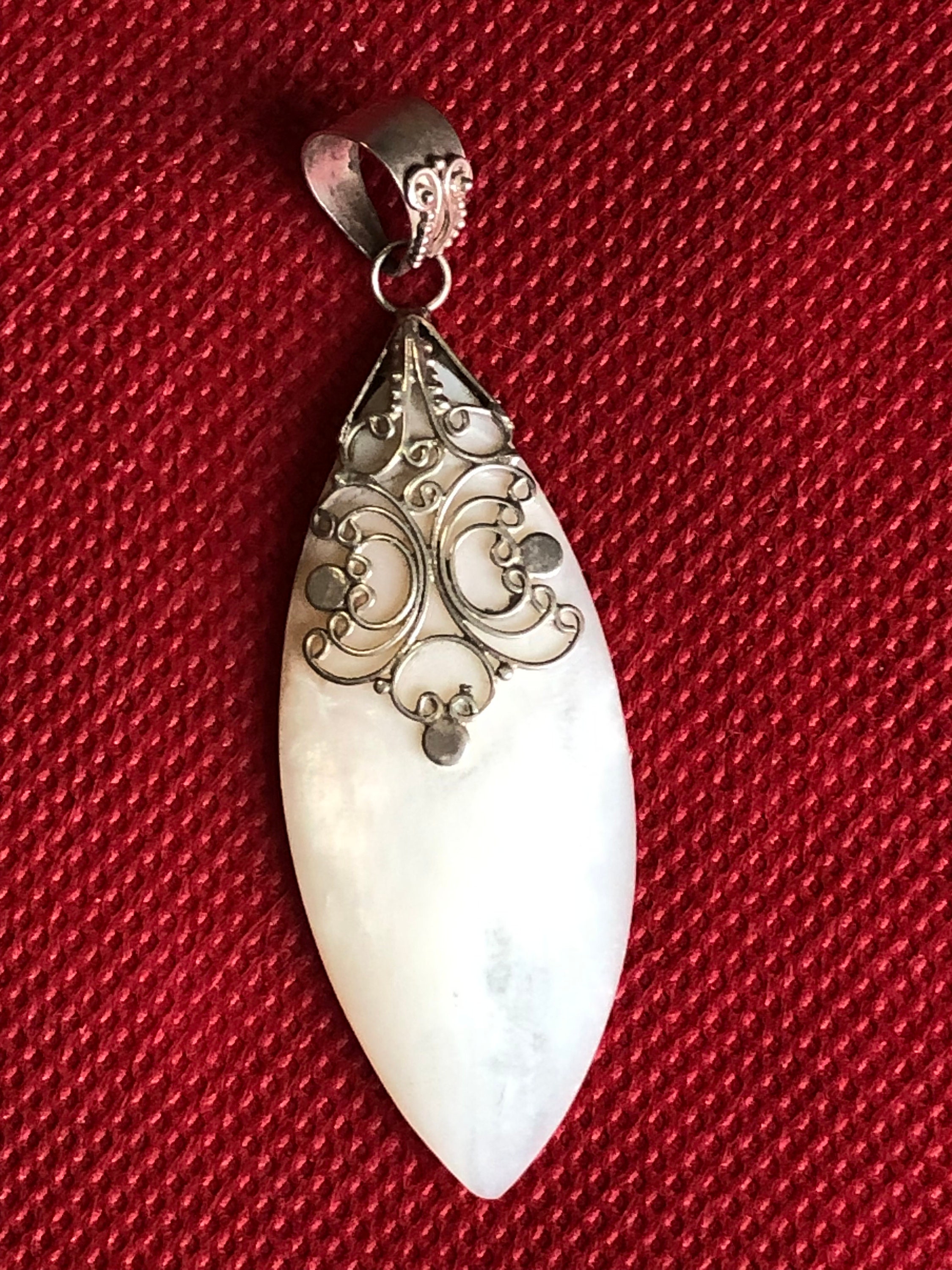 Vintage Modernist Victorian Revival White MOP Shell Long  Vintage • 60s Modernist silver and MOP pendant main image 2