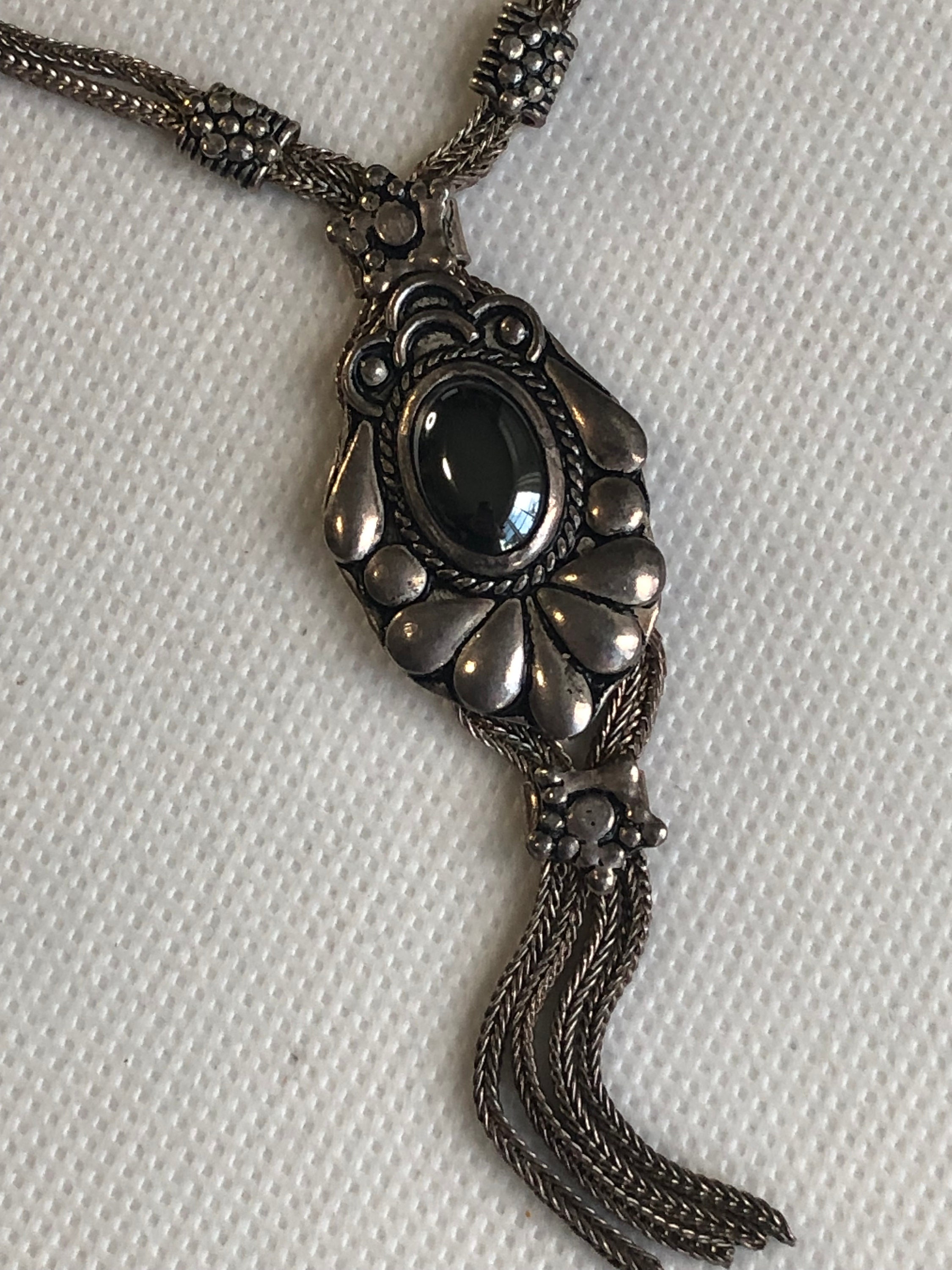Collier Art Déco En Argent 925 - Pendentif Hématite Et Rubis - 11x27mm - Occasion