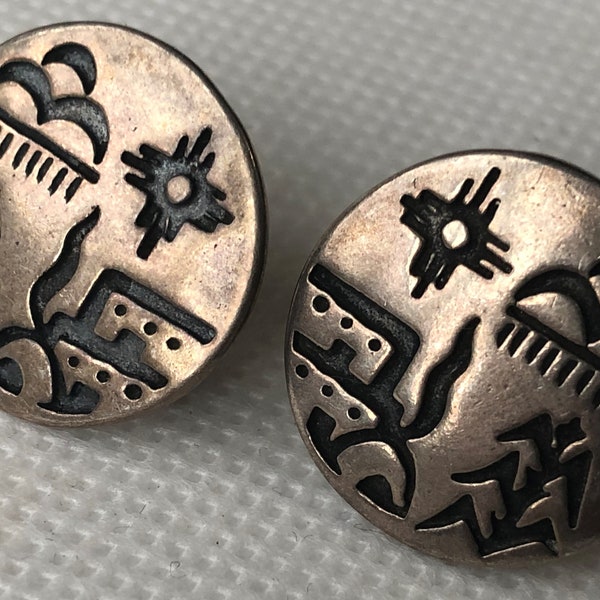 Vintage Authentic Rare 925 Sterling Silver Native American Tribal overlay Petroglyph earrings with hallmark of Shube's Manufacturing Inc