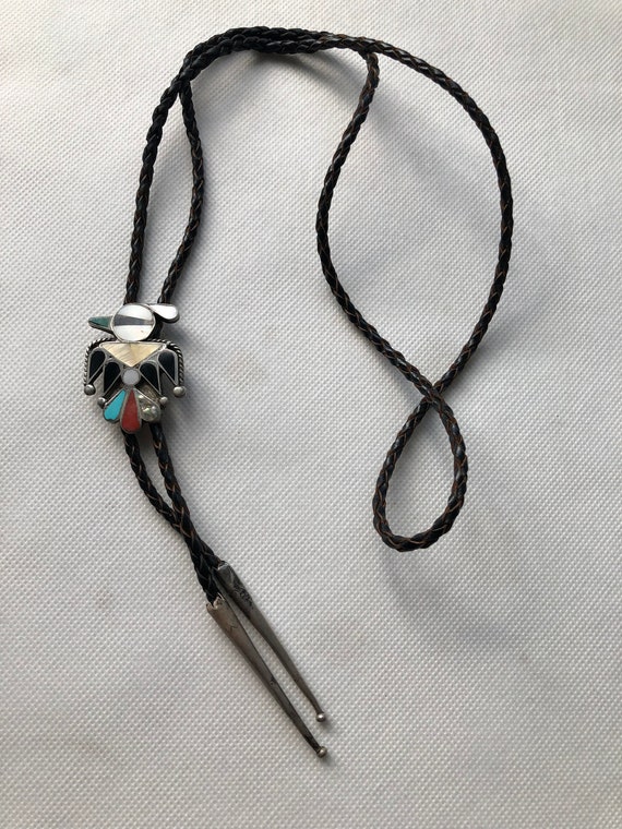 Rare Vintage Zuni Turquoise Inlay Thunderbird Sterling Silver Bolo Tie Rare Vintage Zuni Turquoise Inlay Thunderbird Sterling Silver Bolo Tie