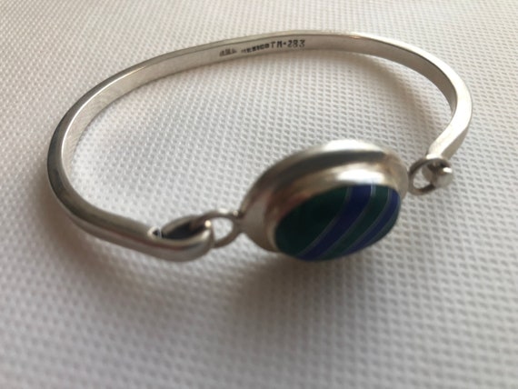 Vintage Multi Gemstone Bangle Hook Bracelet TM-283 Taxco Sterling Silver 925 Mexico Featuring Lapis and Green Malachite Stones