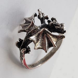 May include: A silver dragon ring with detailed wings and scales. The dragon is wrapped around the ring band, with its head and wings prominently displayed. The ring has a textured finish, giving it a vintage or antique appearance.