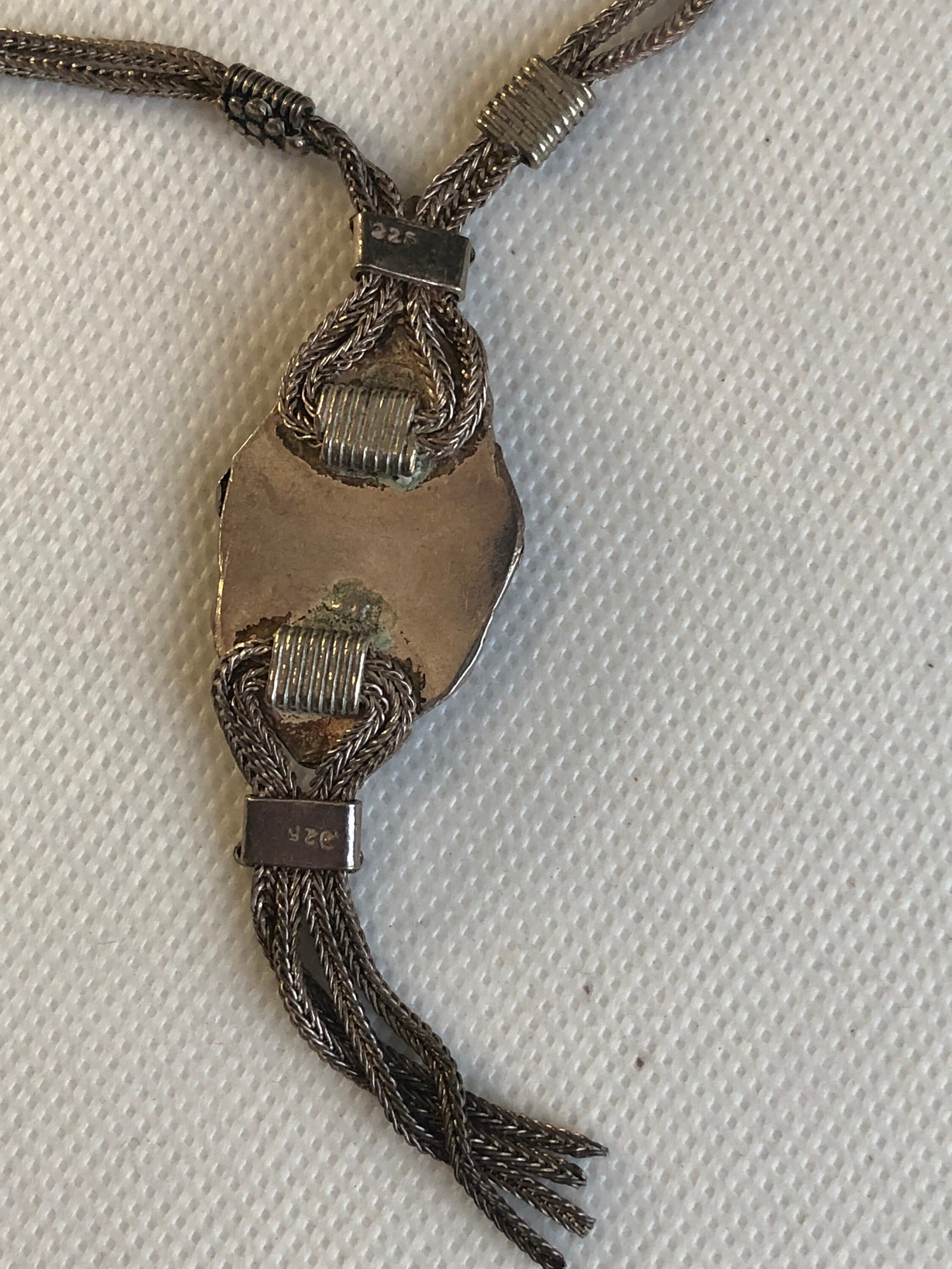 Collier Art Déco Pendentif Argent 925 Hématite Et Rubis - Bijou Vintage Occasion