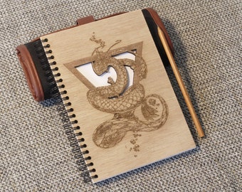 Carnet de note en bois, carnet de voyage en bois, bloc-note en bois, journal en bois, livre en bois, gravure laser, Dragon d'eau #3