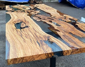 Epoxy Table, Epoxy Dining Table, Olive Epoxy River Table, Custom 115” x 44” Olive Wood Clear Epoxy Dining Table Order for Andi