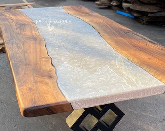 Custom 77”x 42” Walnut Metallic Dark Pearl White Epoxy Table, River Table, White Epoxy Resin Table, Live Edge Table for Chan