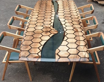 Custom Honeycomb Epoxy Resin River Table, Custom Clear Resin Walnut Conference Table, Handmade Epoxy Table, Unique Resin Table