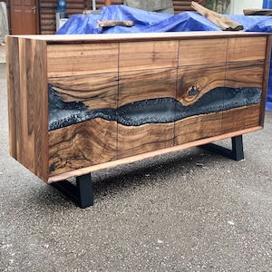 Made to Order Custom Credenza, 72” x 20” x 36” Wood Gray Epoxy Resin Credenza, Walnut Epoxy Credenza, Epoxy Buffet for Sarah
