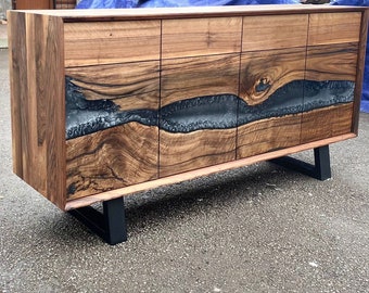 Made to Order Custom Credenza, 72” x 20” x 36” Wood Gray Epoxy Resin Credenza, Walnut Epoxy Credenza, Epoxy Buffet for Sarah