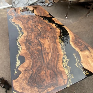 Walnut Dining Table, Custom 108” x 48&quot; Black Epoxy Table, Gold Leaf Table, River Table, Live Edge Table, Epoxy Dining Table for Stella