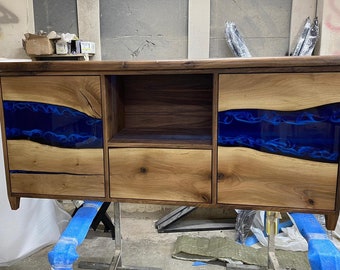 Custom 65” x 16” x 32” Epoxy Console, Walnut Blue Epoxy Resin Cabinet, Blue River Credenza, Walnut Credenza TV-Stand for Home for Leshea