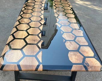 Hexagon Epoxy Table, Epoxy Dining Table, Walnut Epoxy River Table, Custom 72” x 36” Walnut Black Epoxy Hexagon Table for Carlyn
