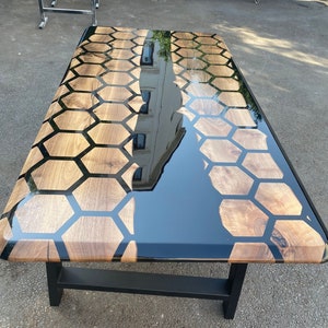 Hexagon Epoxy Table, Epoxy Dining Table, Walnut Epoxy River Table, Custom 72” x 36” Walnut Black Epoxy Hexagon Table for Carlyn