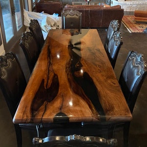 Epoxy Dining Table, Custom 96” x 40” Walnut Shiny Black Table, Epoxy River Dining Table, Custom Order for Kiera S