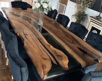 Epoxidharztisch, Epoxidharz-Esstisch, Walnuss-Epoxidharz-Flusstisch, Sonderanfertigung 100&quot; x 44&quot; Walnuss-Schwarz-Epoxidharz-Flusstisch Bestellung für Amy B