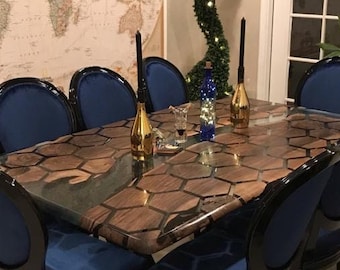 Epoxy Table, Epoxy Dining Table, Walnut Epoxy Table, Custom 72” x 44” Clear Epoxy Table,  Hexagon Honeycomb Walnut Table for Kristin F