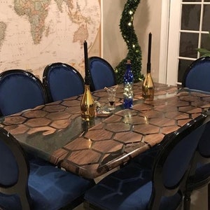 Epoxy Table, Epoxy Dining Table, Walnut Epoxy Table, Custom 72” x 44” Clear Epoxy Table,  Hexagon Honeycomb Walnut Table for Kristin F