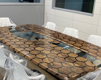 Honeycomb Epoxy Resin River Table, Custom 115 x 60 Clear Resin Walnut Conference Table, Handmade Epoxy Table, Unique Resin Table for Tim