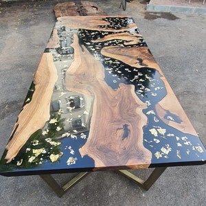 Walnut Dining Table, Custom 108” x 48&quot; Walnut Black Table, Custom Gold Leaf Table, Live Edge Table, Custom Order for Evyn