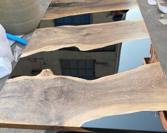 Epoxy Table, Epoxy Dining Table, Walnut Epoxy Table, Custom 90” x 40” Walnut Table, Black Epoxy River Table, Dining Table Order for Lindsay