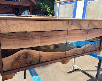 Custom Epoxy Console, 72” x 15” x 36” Wood Epoxy Resin Credenza, Walnut Epoxy Epoxy Credenza, Dining Room Sideboard for Alex B