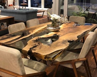 Custom Epoxy Resin River Table, Solid Walnut Wood Dining Table, Handmade Ultra Clear Epoxy Furniture for Your Home, Large Wooden Table