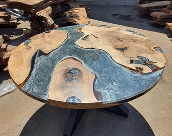 Round Dining Table, Epoxy Coffee Table, Custom 50” Diameter Round Table, Walnut Wood Metallic Gray Table, Epoxy Resin Table Order for Sarah