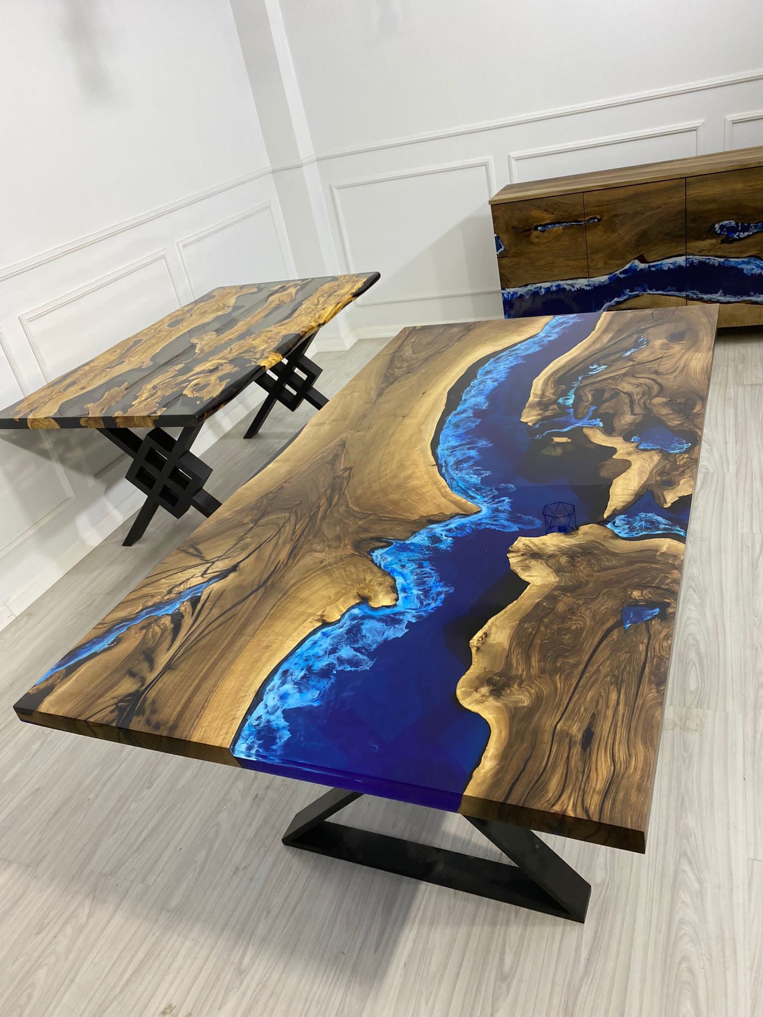 Epoxy Table, Custom 80” X 44” Walnut Blue and White Swirls Ocean