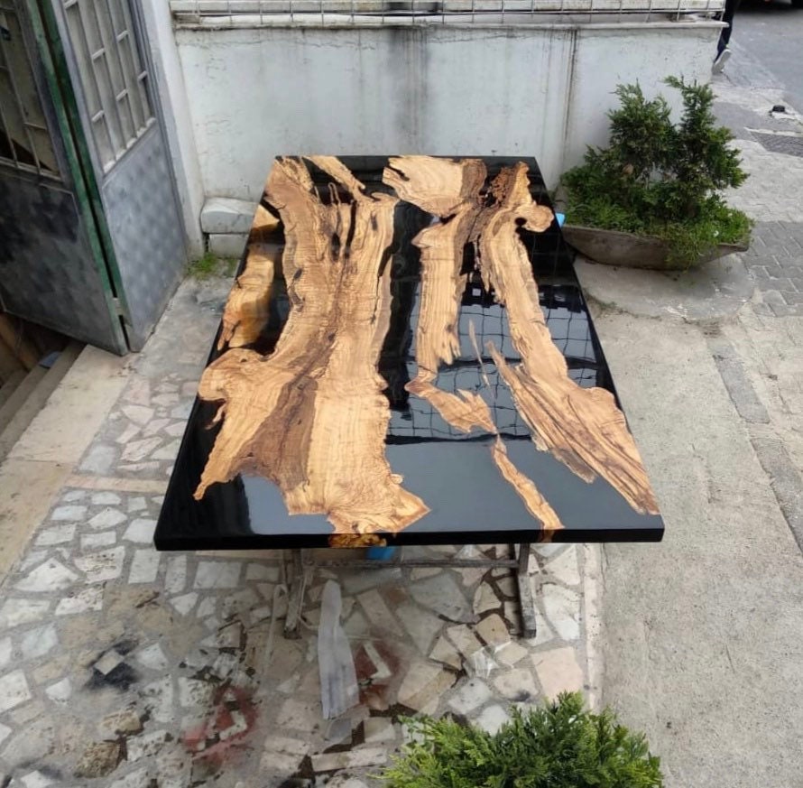 Black Epoxy River Table With Custom Metal Base – Collective Arts Media