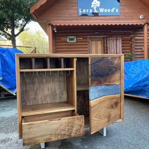Custom Epoxy Wine Cabinet, Custom 44&quot; x 13&quot; x 36&quot; Walnut Metallic Gray Epoxy Credenza, Wine Rack Cabinet Order for Nancy 1