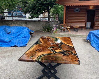 Gold Epoxy Table, Custom 96” x 48" Walnut Black Epoxy Shiny Table, Gold Leaf River Table, Gold Epoxy Dining Table, Custom Order for Cassie1