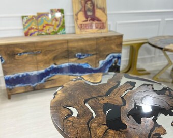 Epoxy Coffee Table, Epoxy Dining Table, Epoxy Resin Table, Custom 40” Diameter Round Walnut Wood Clear Epoxy Table Order for Deborah