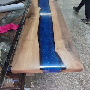 Live Edge Table, Epoxy Dining Table, Epoxy Resin Table, Custom 84” x 16” Walnut Blue Epoxy Table, River Dining Table, Order for Tracy W