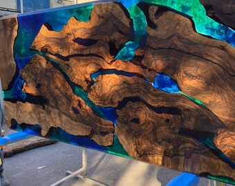 Epoxy Dining Table, Custom 80” x 36” Walnut Blue, Turquoise, Green Table, Live Edge Table, Epoxy Dining Table, River Table, for Anthony P
