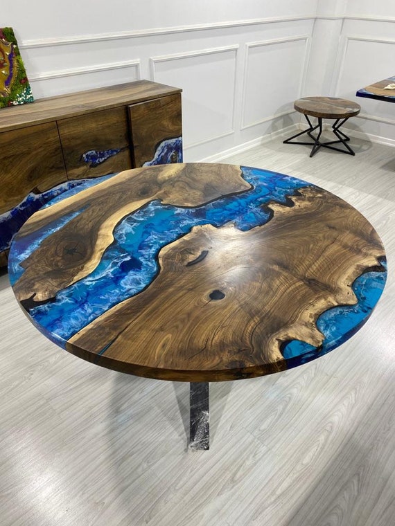 Round Dining Table Custom 55 Diameter Round Walnut Wood Blue