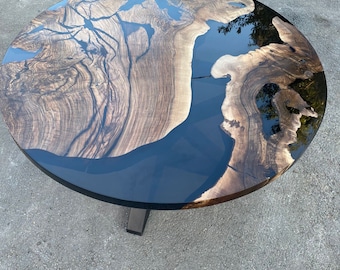 Epoxy Resin Coffee Table, Custom 40” Diameter Round Table, Aesthetic Black Epoxy Table for Tinabear