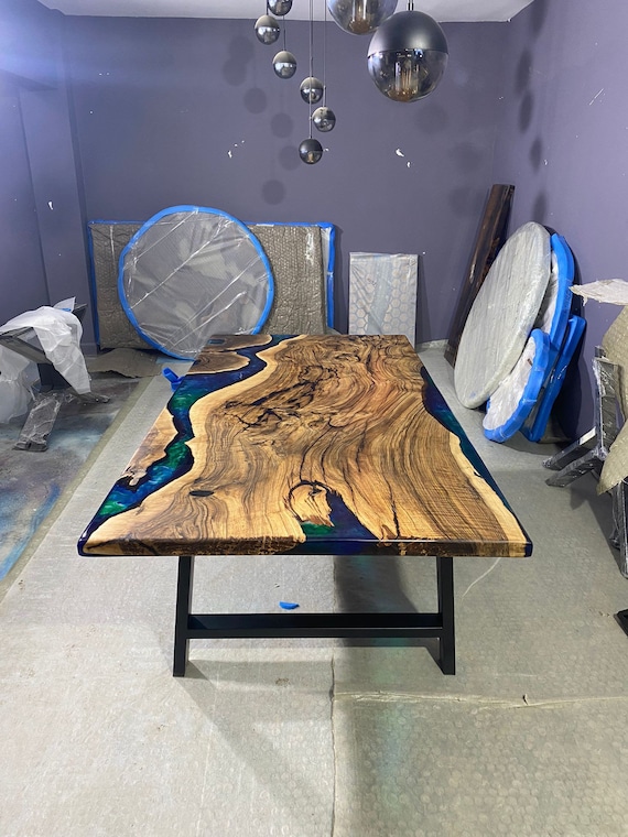 Maldives epoxy resin river dining table , maple wood, islands, turquoise resin  color - Fine Wooden Creations