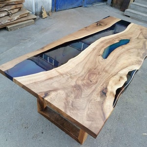 Handmade Epoxy Table, Custom 86” x 36” Walnut Blue Epoxy Table, River Dining Bench, Live Edge Table, River Table, Custom  Order for Ksenia