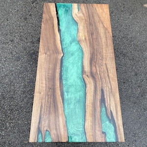 Live Edge Epoxy Mantle, Custom 40” x 20&quot; Walnut Wood Metallic Emerald Green Epoxy Shelf Order for Bryan W