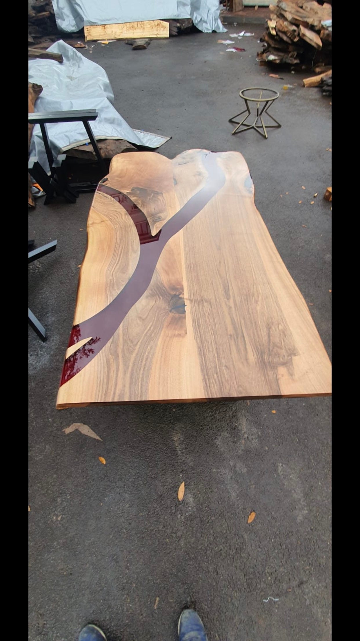Custom 68” X 38” Black Walnut Red Epoxy Pittsburgh River Dining